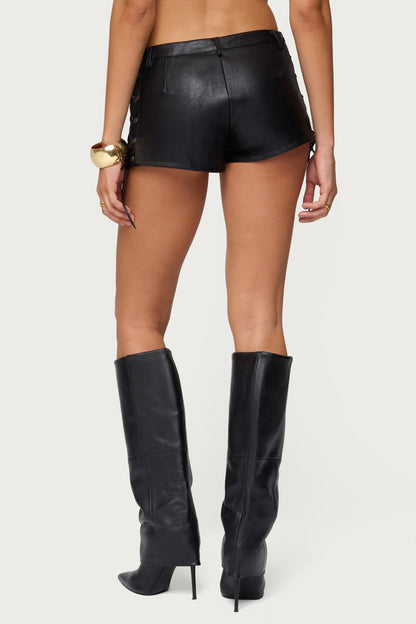 Kariss Lace Up Faux Leather Micro Shorts