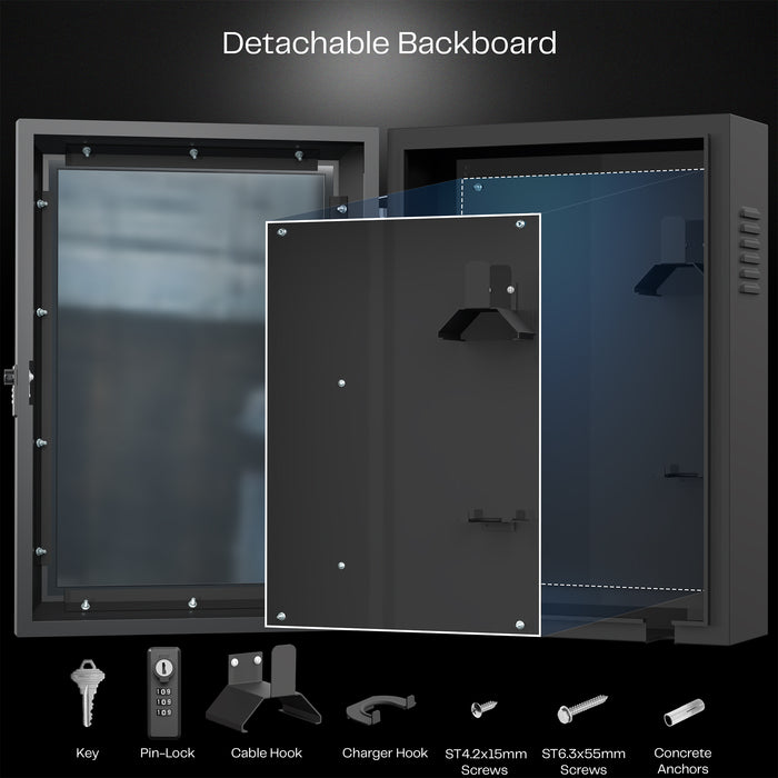 Detachable backboard with key, pin-lock, cable hook, and other accessories on a black background