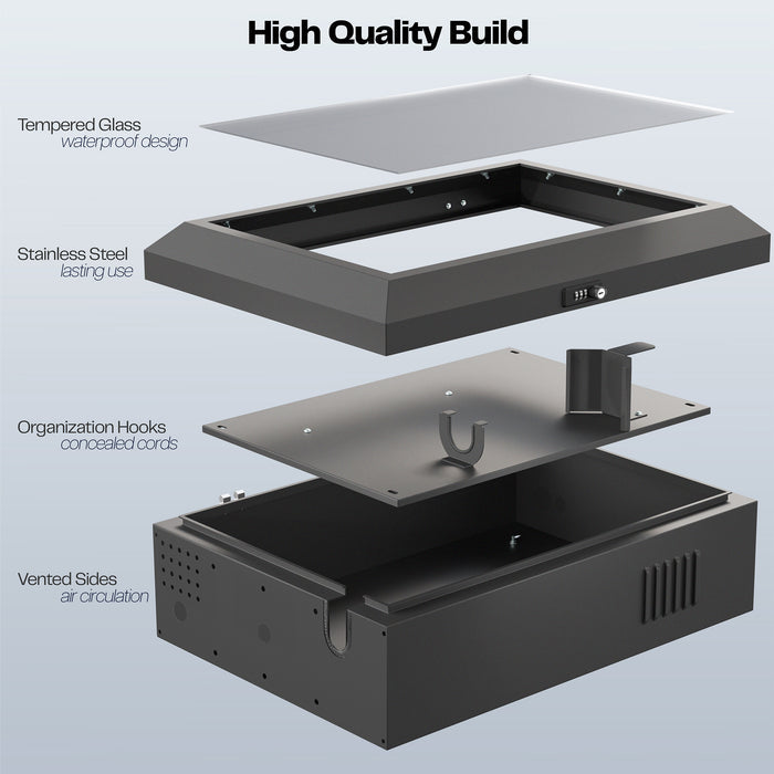 Black wall-mounted water-resistant EV charger box with a locking glass door.