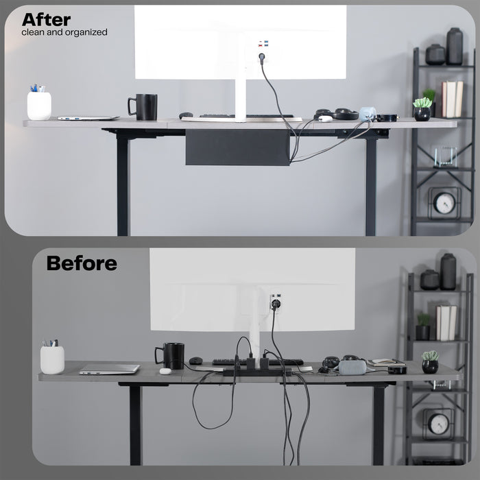 Extra deep under desk cable management tray for office storage. Low profile, sleek, and flexible with simple installation.