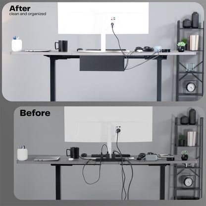 Extra deep under desk cable management tray for office storage. Low profile, sleek, and flexible with simple installation.
