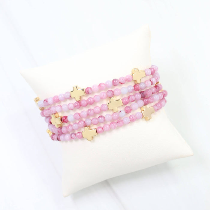 Flint Beaded Cross Stretch Bracelet Set (Pink)