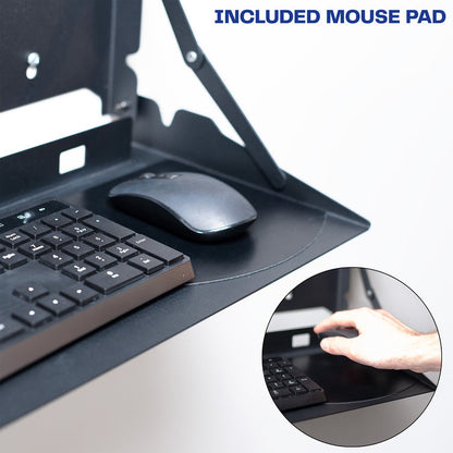 Wall-mounted flip down keyboard tray platform. Low profile design folds up and out of the way when not in use. Velcro included to keep keyboard in place. Fits a standard-sized keyboard and mouse (mouse pad included). Mount to drywall, wood studs, brick, or concrete.