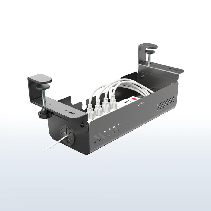 Flip open clamp-on cable management box for organizing power strips, cords, and cables under a desk.