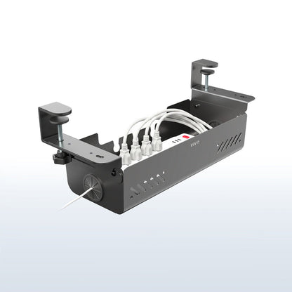 Flip open clamp-on cable management box for organizing power strips, cords, and cables under a desk.