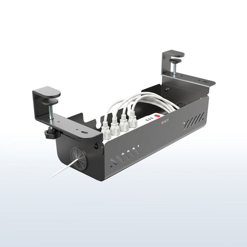 Flip open clamp-on cable management box for organizing power strips, cords, and cables under a desk.
