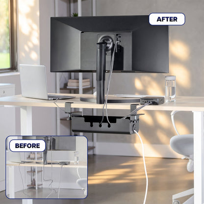Under-desk clamp-on cable management box keeping power cords and cables organized beneath a workstation.