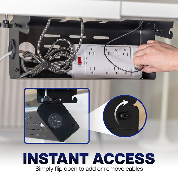 Flip open under-desk cable management box providing quick access to power strips, plugs, and cords.