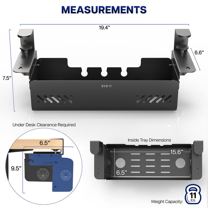 Clamp-on cable management box dimensions showing storage space for power strips, adapters, and desk cables.