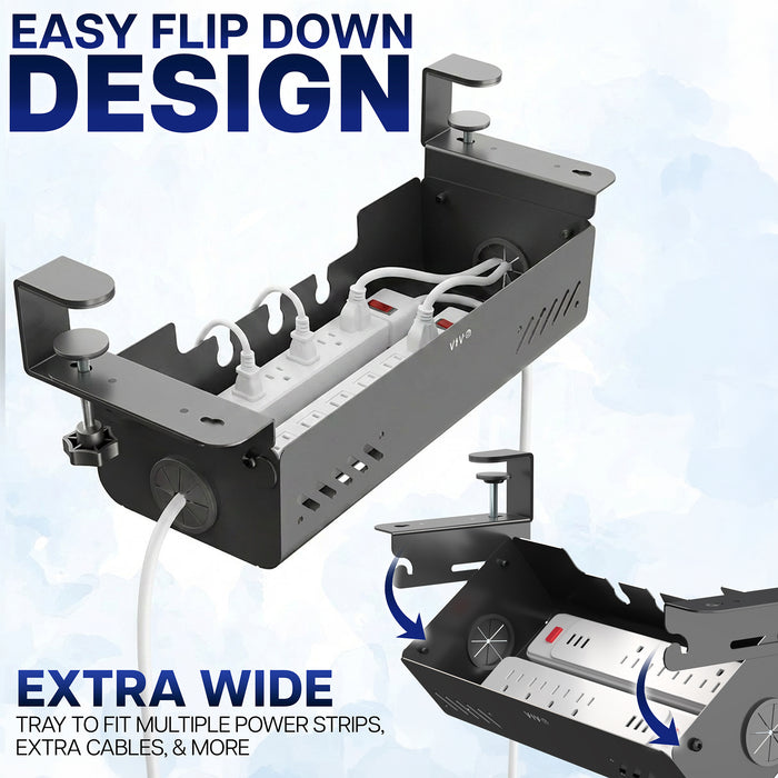 Flip-down cable management box with extra-wide opening for easy access to cords and power strips.