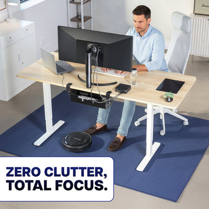 Under-desk cable organizer concealing cords and power strips for a clean, clutter-free workstation.