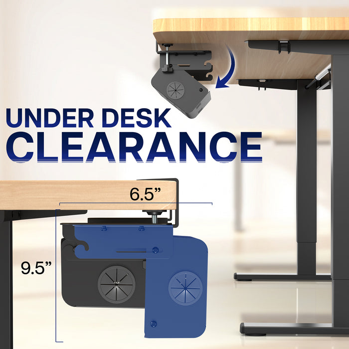 Low-profile clamp-on cable management box designed to maintain comfortable clearance beneath a desk.