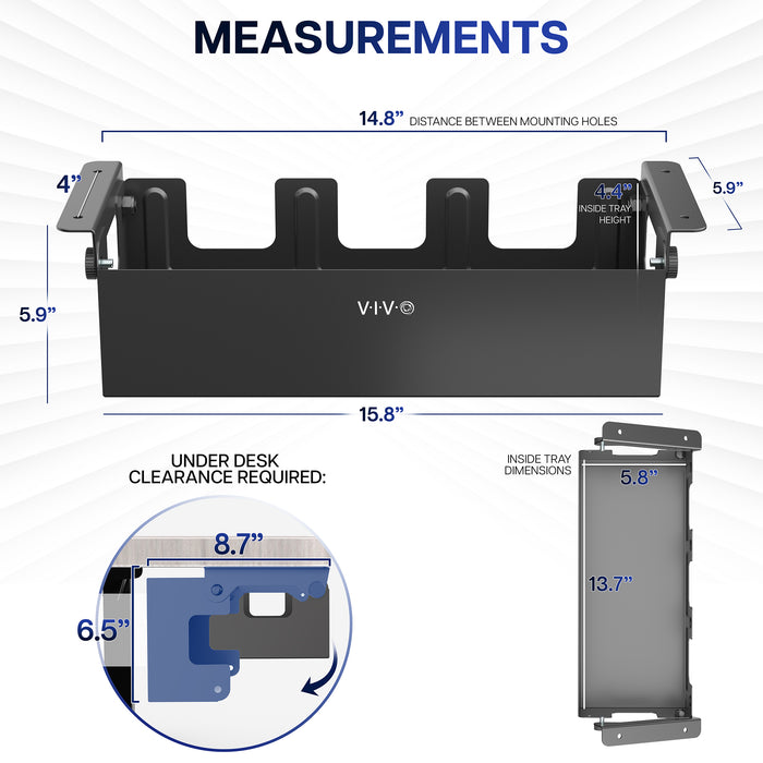 Measurement chart for a Flip Open Under Desk Cable Management Box with dimensions labeled.