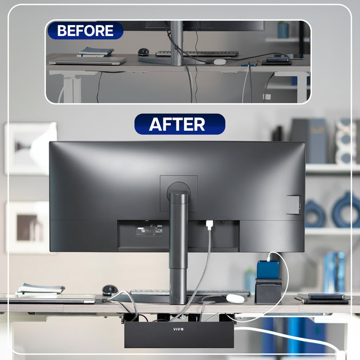 Before and after comparison of a desk setup with a monitor and accessories showing benefits of a cable management box.