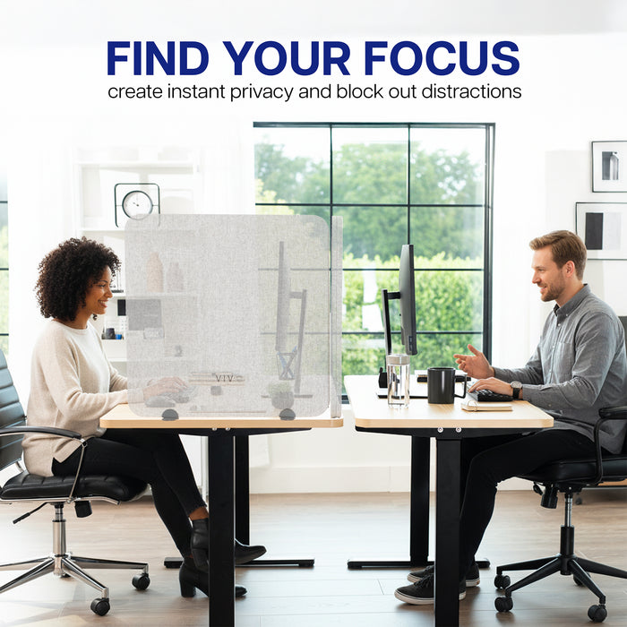 Two people working at desks with Desk Privacy Panels between them, text 'Find Your Focus' above.
