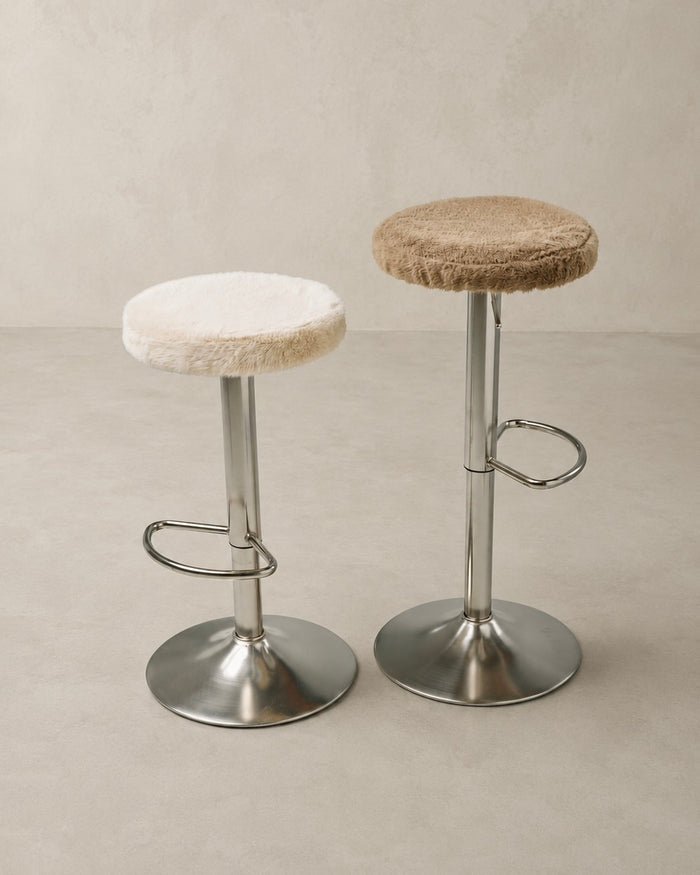 t4option0_0 | Gigi stainless steel bar stools with soft cushions in Ivory and Brown, shown at two different heights.