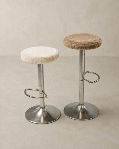 t4option0_0 | Gigi stainless steel bar stools with soft cushions in Ivory and Brown, shown at two different heights.