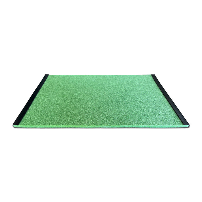 The BirdieBall Golf Stance Mat (Options Available) is a rectangular green mat with black edging on two sides, made with durable RollTech foam and shown on a white background.