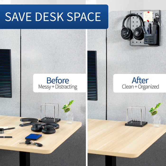 Hanging pegboard for office, home, school, workshop, and more with flexible placement options. Accessories included and zero assembly required!
