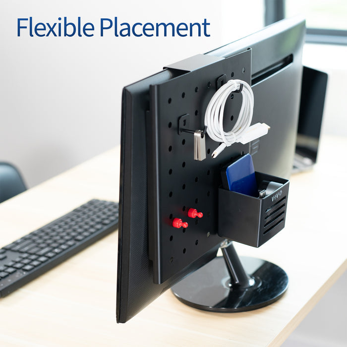 Hanging pegboard for office, home, school, workshop, and more with flexible placement options. Accessories included and zero assembly required!