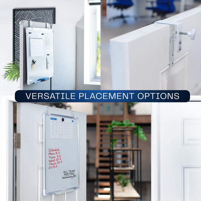 White, double-sided magnetic dry erase board with versatile mounting options.