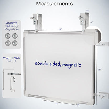 White, double-sided magnetic dry erase board with measurement text.