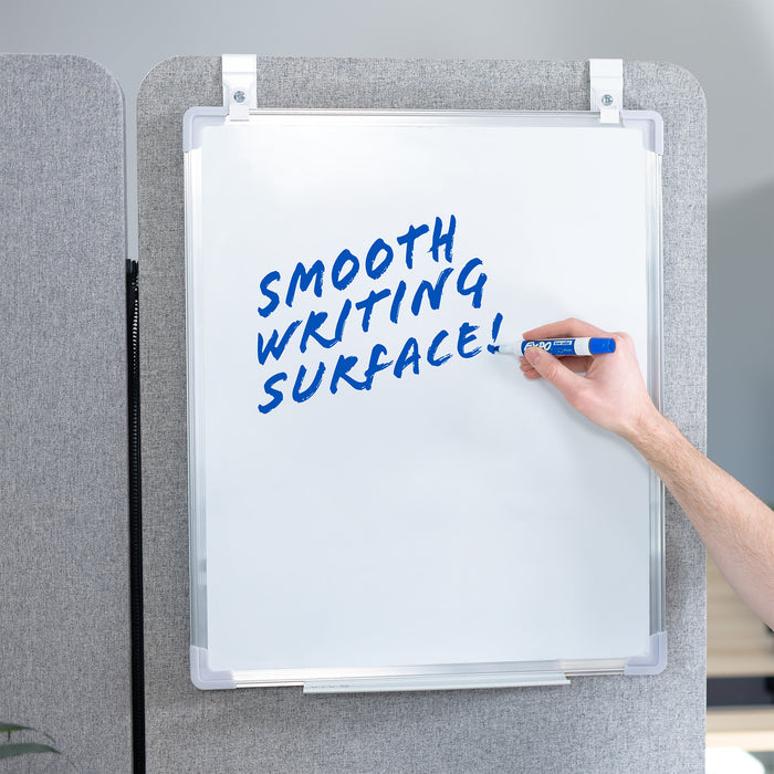 White, double-sided magnetic dry erase board mounted on a gray wall with a smooth writing surface.
