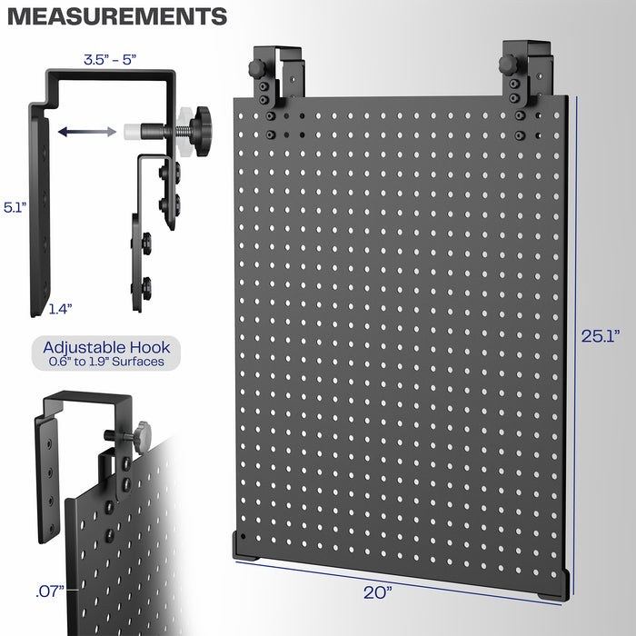 A black pegboard mounted on a white wall with text on measurements.