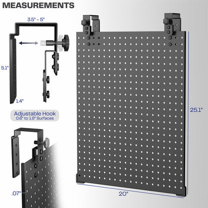 A black pegboard mounted on a white wall with text on measurements.