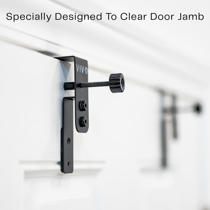 Hardware on a door with text to show doorjamb clearance.