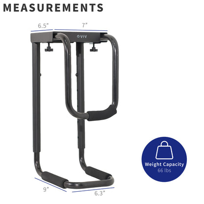 Sturdy under desk PC mount with adjustable width and height and protective padding included.