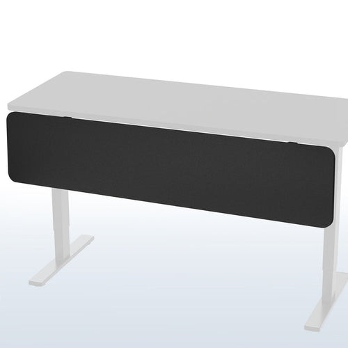 A black laminate modesty panel attached to a white desk with a white leg frame.