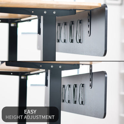 A black laminate modesty panel attached to a wooden desk with a black leg frame with easy height adjustment feature shown.