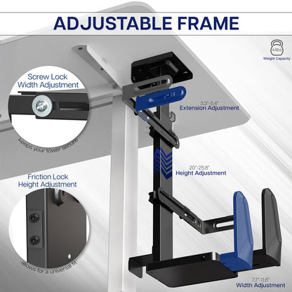 Adjustable PC frame with screw lock width adjustment, friction lock height adjustment, and extension adjustment on a white background.
