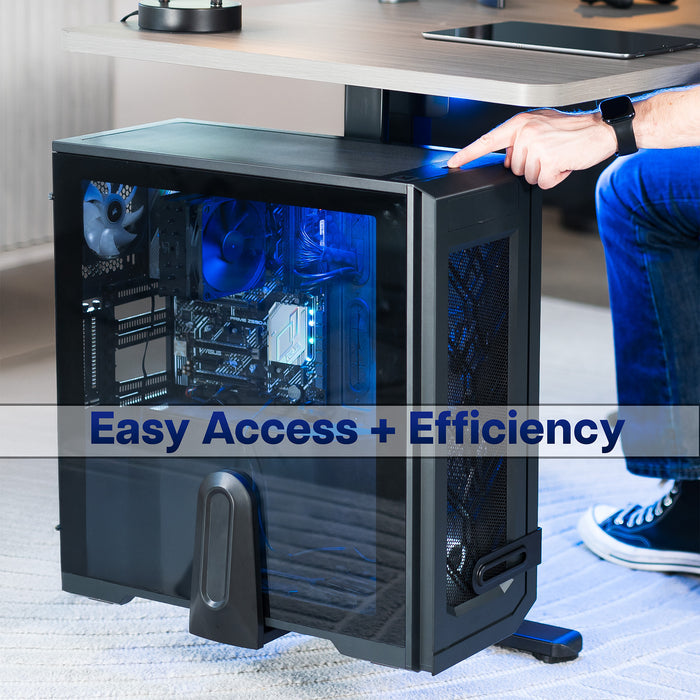 Computer case with clear side panel on a desk, with text 'Easy Access + Efficiency'.