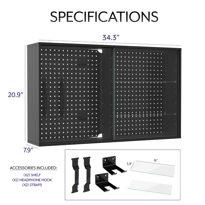 Pegboard cabinet with sliding glass doors for convenient storage and decor. Organization accessories are included and the glass shelves are height adjustable. Use as a freestanding display or wall mount to wood studs, brick, or concrete with hardware and instructions included.