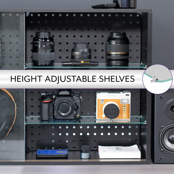 Pegboard cabinet with sliding glass doors for convenient storage and decor. Organization accessories are included and the glass shelves are height adjustable. Use as a freestanding display or wall mount to wood studs, brick, or concrete with hardware and instructions included.