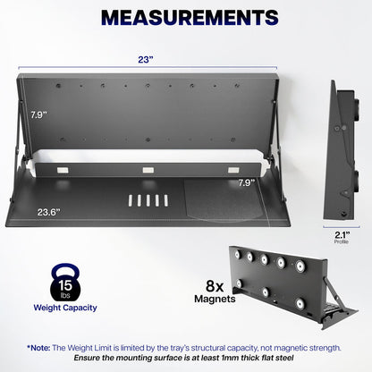 Magnetic flip down keyboard tray dimensions showing keyboard platform, mounting plate, and compact folding design