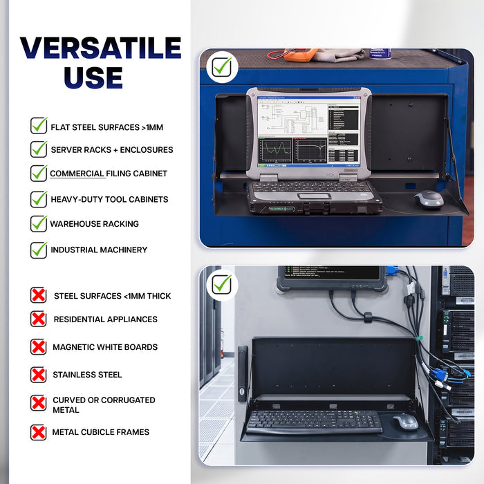 Wall-mounted flip down keyboard tray for offices, warehouses, workstations, and other space-saving computer setups