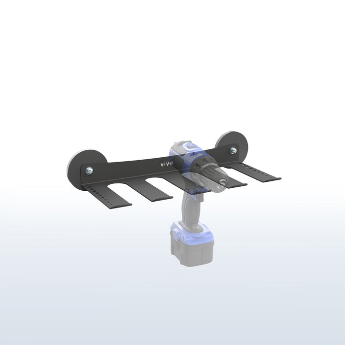 A black metal magnetic bracket with  a semi-transparent overlay of a power tool sitting in one of the tool slots