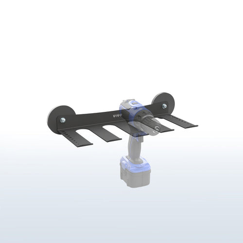 A black metal magnetic bracket with  a semi-transparent overlay of a power tool sitting in one of the tool slots