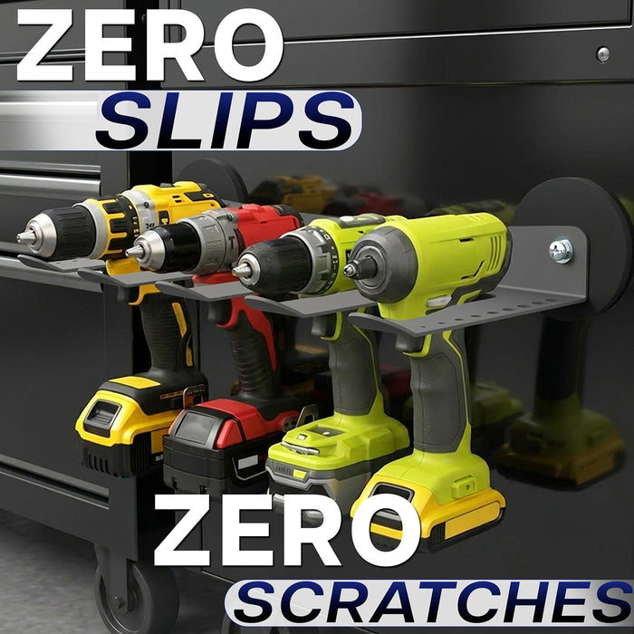 Magnetic storage rack with various drills on a dark background, emphasizing 'Zero Slips' and 'Zero Scratches'