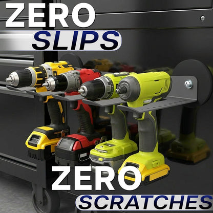 Magnetic storage rack with various drills on a dark background, emphasizing 'Zero Slips' and 'Zero Scratches'