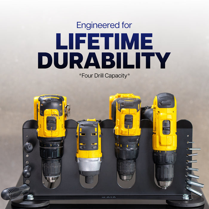 A black magnetic tool rack with a row of drill and bits.