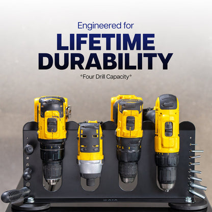 A black magnetic tool rack with a row of drill and bits.