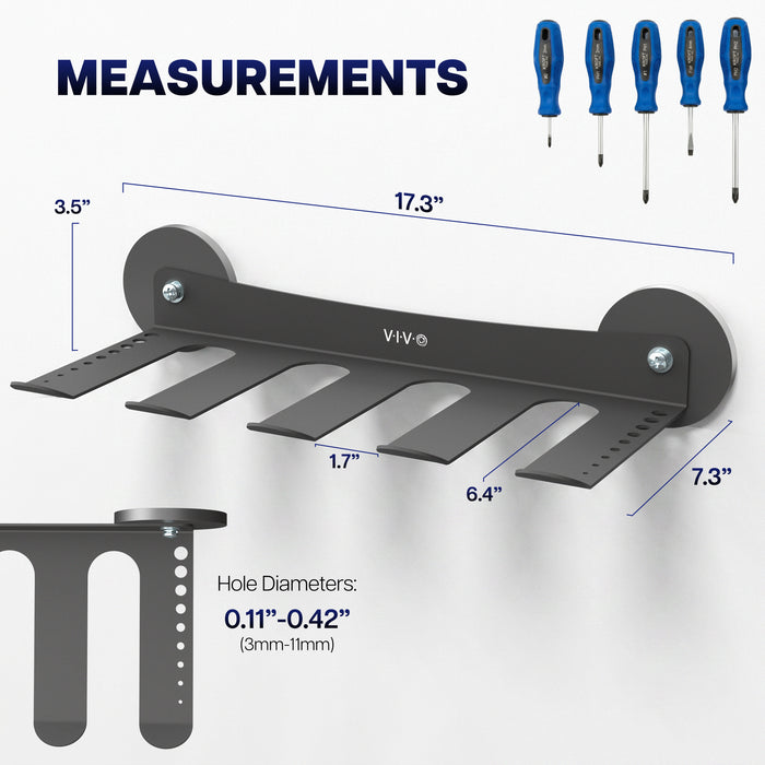 Black magnetic tool rack, shown with measurement labels
