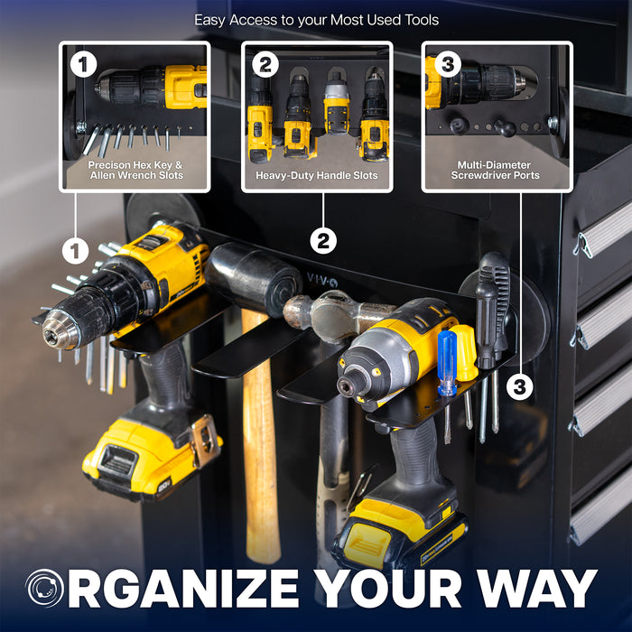 A black magnetic tool organizer mounted on a black tool cabinet