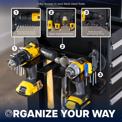 A black magnetic tool organizer mounted on a black tool cabinet