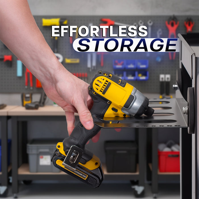A black magnetic tool organizer mounted on a black tool cabinet, with a hand adjusting the drill