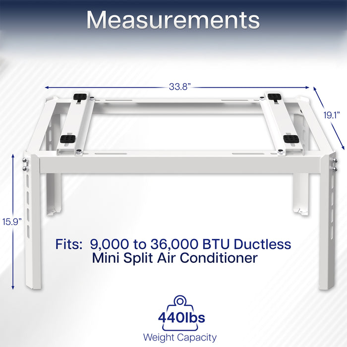 Measurements and specifications of Mini Split Air Conditioner Ground Stand. Fits 9,000 to 36,000 BTU Ductless Mini Split Air Conditioners.
